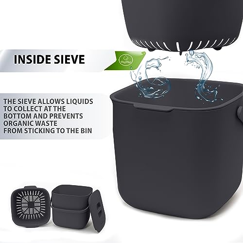 YourCasa® Kitchen Food Waste Bin with Lid - Recycling compost bin 7 Liters - Countertop Composter for Organic Waste - Dishwasher Safe - Odour-Proof - Removable Sieve - food waste caddy (Anthracite) - Image 4