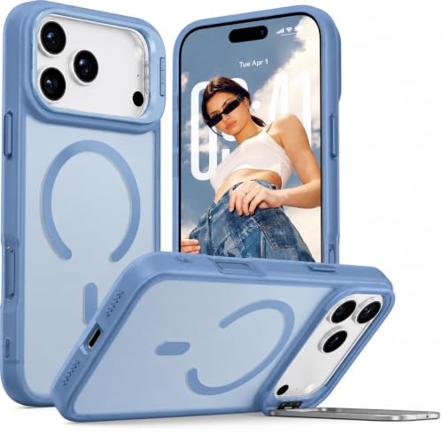 Image of Elzzi Kickstand Case for iPhone 17 Pro Max Case Compatible with MagSafe, Built-in Adjustable Camera Guard Stand, Translucent Matte Anti-Fingerprint Heavy Duty Shockproof Phone Cover - Official Blue