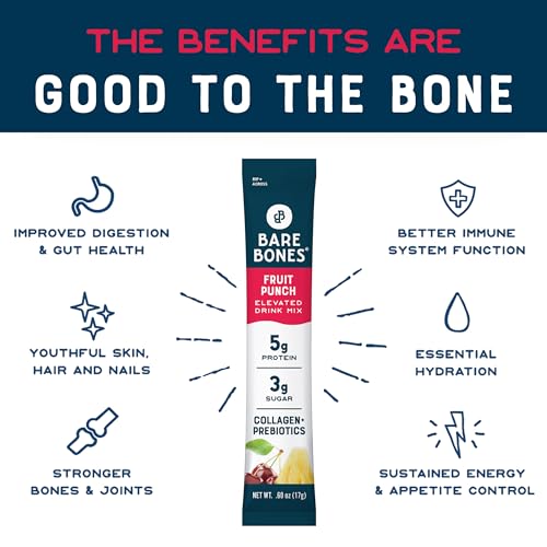 Bare Bones Fruit Punch Elevated Drink Mix | Collagen & Prebiotics | Gluten-Free & Naturally Sweetened | On-the-Go Stick Single-Serve Packs Powdered Refreshment | 5g Protein | 16 Packets (.60 oz)