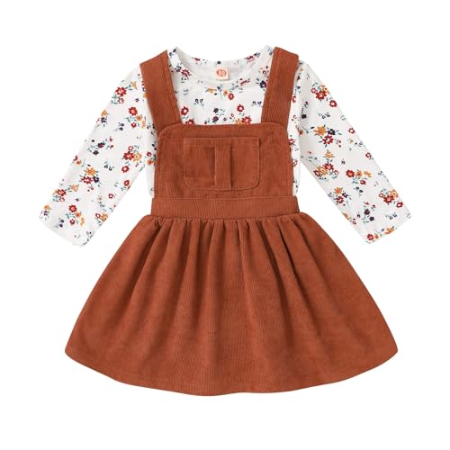 Image of Toddler Baby Girl Fall Outfit Long Sleeve Stripe T-Shirt and Strap Dress Overall with One Pocket Clothes Sets