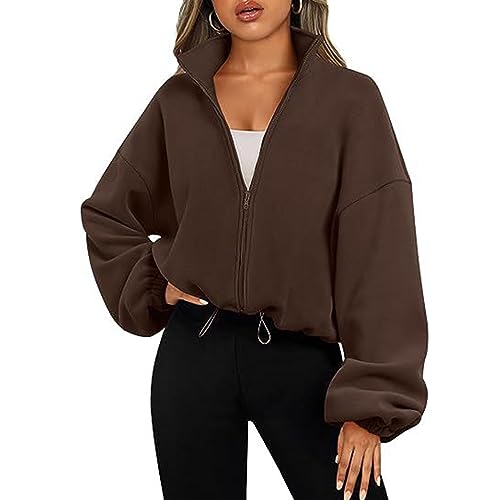 LXJLXD Sudaderas con capucha de forro polar con cremallera para mujer, ropa Y2K, abrigo de otoño para adolescentes, chaquetas casuales con cordón, trajes de otoño, color marrón