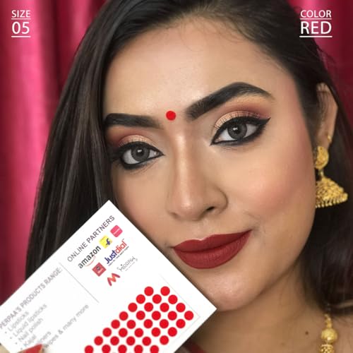 Image of PERPAA Premium Velvet Sticker Kumkum Bindi Box of 15 Flaps - Pottu for Women,Ladies, Girls (Size 5, Diameter 6mm, Red)