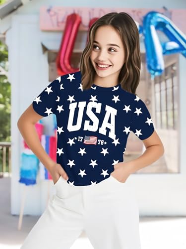 Image of VVNTY Girls American Flag Crop Tops Kids USA Crop Shirt Patriotic 4th of July Tops 5-14 Years