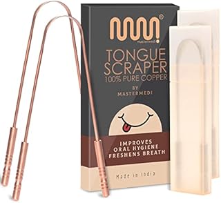 MasterMedi 100% Pure Copper Tongue Scraper with Travel Case - 2 Pack, Natural Ayurveda Tongue Cleaner for Fresh Breath & Oral Hygiene | Eliminates Bad Breath, Easy to Use Good Grip Comfortable Handle