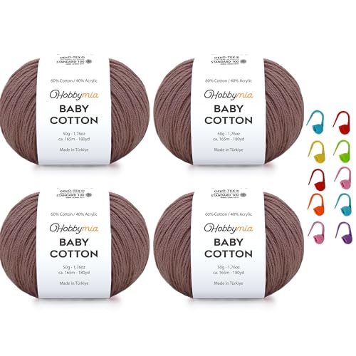 Image of Baby Cotton Blend Yarn - Soft Sport Weight Yarn for Crochet & Amigurumi - 50g /180yds - 60% Cotton 40% Acrylic - Ideal for Baby & Knitting Proj. & 10 Stitch Markers(Purplish Brown, 4 Balls)