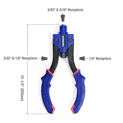 Workpro 10-Inch Pop Rivet Gun, Heavy Duty Riveter With 3 Interchangeable Heads (3 Nosepieces) And 100Pcs Rivets, 5-In-1 Hand Riveter Set For Metal, Plastic, Repairing Truck Bed, Fixing Highway Sign #TOP1