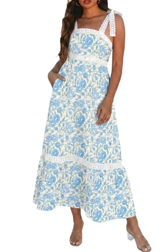 Image of Opemiby Womens Maxi Dress Spring Summer Sleeveless Lace Strap Empire Waist A Line Side Pockets Beach Casual Long Dresses