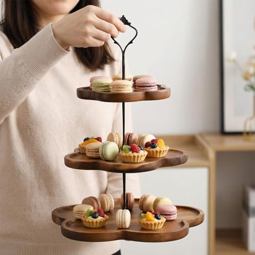 Astralong Etagere 3 Etagen Holz, Tortenständer 3 Stöckig, Cupcake Ständer mit Metallgriff, Kuchenständer, Servierständer für Dessert Obst Geburtstag Nachmittagstee Party Hochzeit (B)