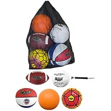 Biggz Bag of Sport Balls Basketball, Soccer Ball, Football, Volleyball, Orange Playground Ball, and Pump