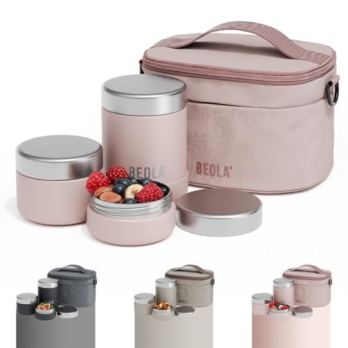 BEOLA Lunch Set with Bag Includes Insulated Stainless Steel thermo 450ml and 2 Single Wall Stainless Steel Food Jars Containers Tiffin Lunch Box with Bag for Adults Kids (Blush Pink)