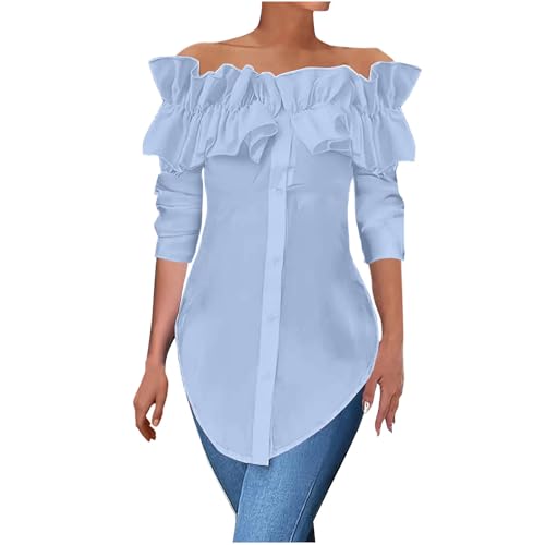 Women's Off Shoulder Tops Elegant Ruffle Long Sleeve Button Down Blouse Casual Slim Fit Shirts 2024 Trendy Clothes Blue
