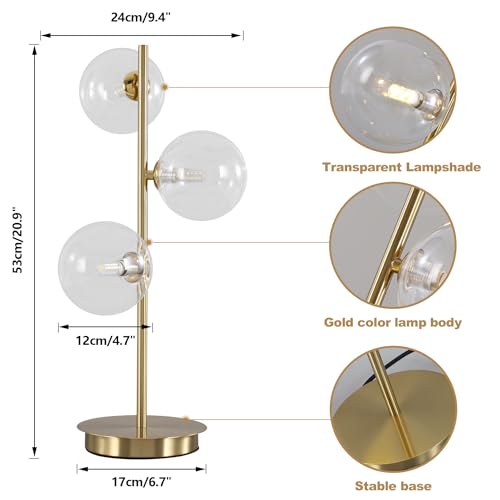 Image of Mid Century Globe Table Lamp, Modern 3 Lights Gold Desk Lamp, Contemporary White Glass Globe Reading Lamp for Bedroom Living Room Study Room