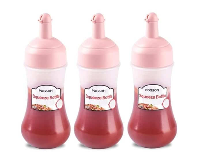 Image of Pink Premium Squeeze Bottles - BPA-Free Condiment Dispensers with Leak-Proof Green Caps for Ketchup, Oil, Vinegar & More - Pack of 3, Transparent Design for Kitchen & Restaurant Use