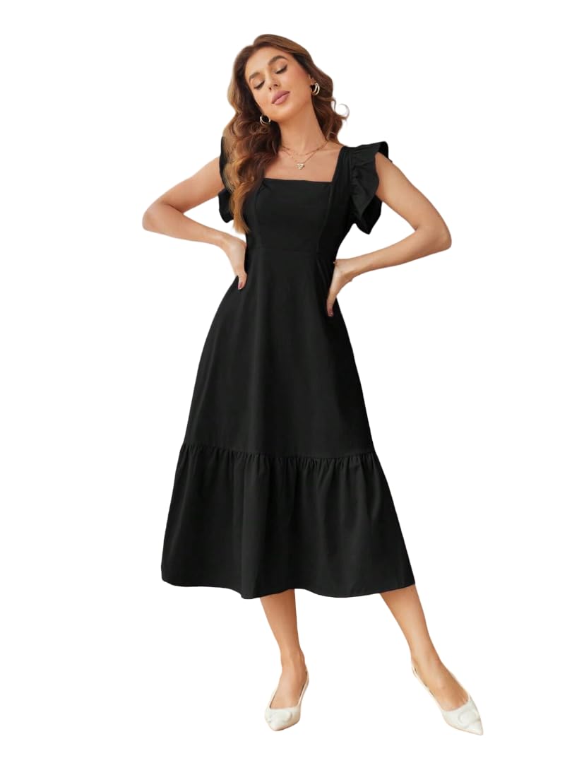 eightone Fit and Flare Midi Dress for Women | Solid Rayon Tiered Dress with Ruffle Sleeves | Western One Piece Frock for Women-picture-50