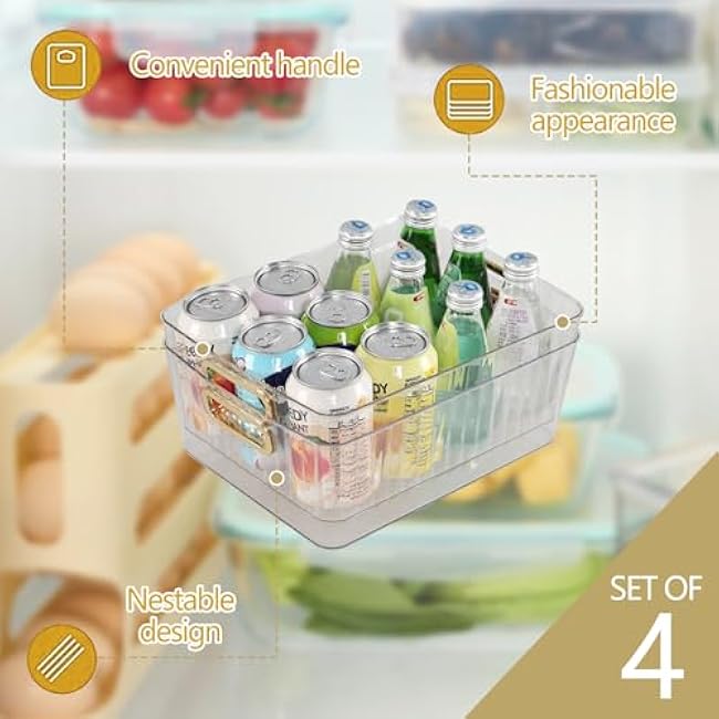 Clear Plastic Pantry Storage Bins, Medium Fridge Organizer Bins, 4 Packs