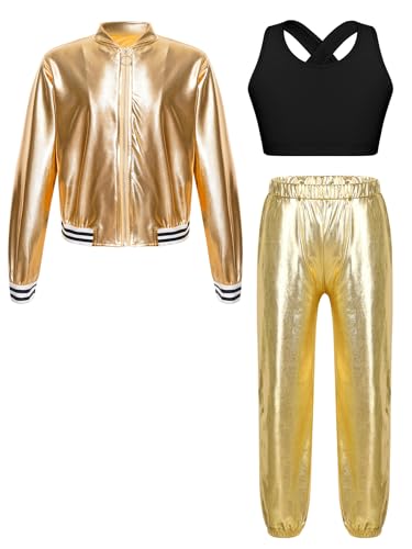 Kids Girls Metallic Hip Hop Jazz Dance Outfit Sparkly Bomber Jacket Crossback Vest and Pants Streetwear