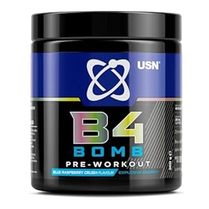 USN B4 Bomb Pre Workout Powder – 300g (20 Servings) Energy Drink Powder for Explosive Energy & Performance, 200mg Caffeine, 6000mg Citrulline, Creatine & 2000mg Beta Alanine – Blue Raspberry Flavour