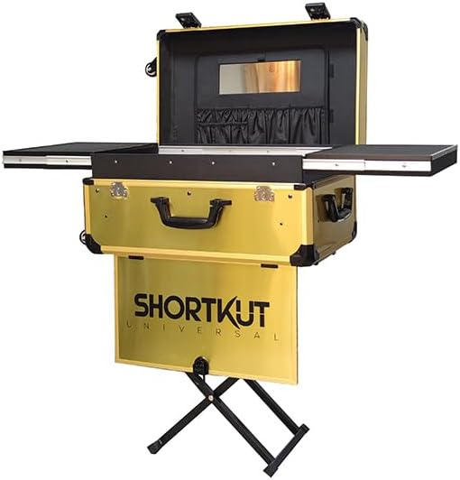 ShortKut Portable Rolling Barber Case with Deployable Scissor Legs - Portable Barber Suitcase with 360-Degree Wheels - Hair Stylist, Sturdy & Large Clipper Case for Barbers | Platinum Gold