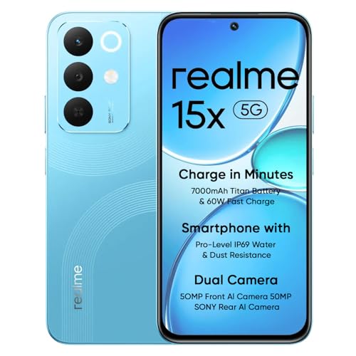 Image of realme 15X 5G Smartphone 8+128GB, 6.8-inch Screen, 144Hz Display,7000mAh Battery, 60W Fast Charging, 50+50MP AI Camera,Dimensity 6300 6nm Octa-core chipset Processor, IP69, Aqua Blue