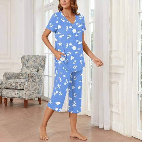 Image of Bestbee Women's Pajama Sets 2 Piece Lounge Outfits Summer Sleepwear V Neck Short Sleeve Capri Pant With Pockets Ladies Pjs