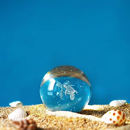 HDCRYSTALGIFTS 3D Laser Engraved Sea Turtles Crystal Ball Paperweight with Stand 60mm Glass Full Sphere Ocean Animal for Home Decor Gifts for Mom