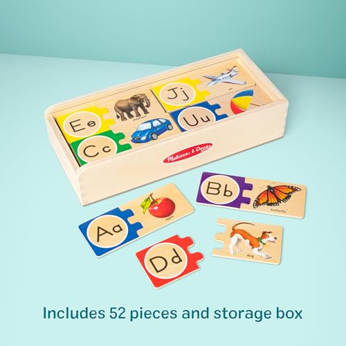 Self-Correcting Alphabet Letter Puzzles (Developmental Toys, Wooden Storage Box, Detailed Pictures, 52 Pieces, 3? H × 13.75? W × 5.75? L), Kids