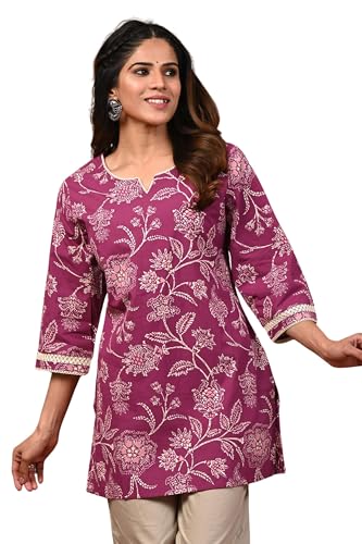 Image of Rimeline Women's Floral Printed Cotton Kurti Top | Round Notch Neck 3 /4 Sleeve Straight Fit Casual Tunic