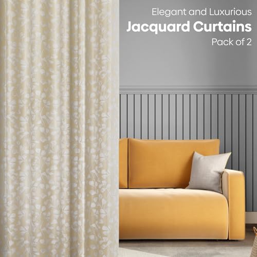 Image of haus & kinder Printed Jacquard Window Curtains 5 Feet Long Pack of 2 Window Curtains, 5 Feet Curtains for Window (Gingko Serenity, Sand Nature 130x152 CM)