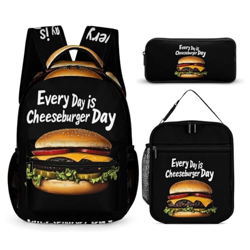 Everyday Is Cheeseburger Day Printed Backpack with Lunch Box Bag Pencil Case Pouch 3pcs Daypack Set for Women Men