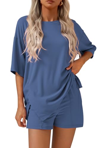 KIRUNDO 2 Piece Sets for Women Summer Lounge Sets Casual Oversized Tshirts Shorts Matching Airport Travel Outfits Postpartum(Blue Medium)