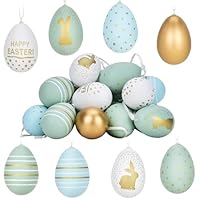 24 Ostereier aus Kunststoff mit Schnur, perfekte Osterdekoration zum Aufhängen im Freien, Ostereier in 3 Farben, Gold, Hellblau, Hellgrün, Weiß, 6 cm x 4 cm große in 7 verschiedenen Designs