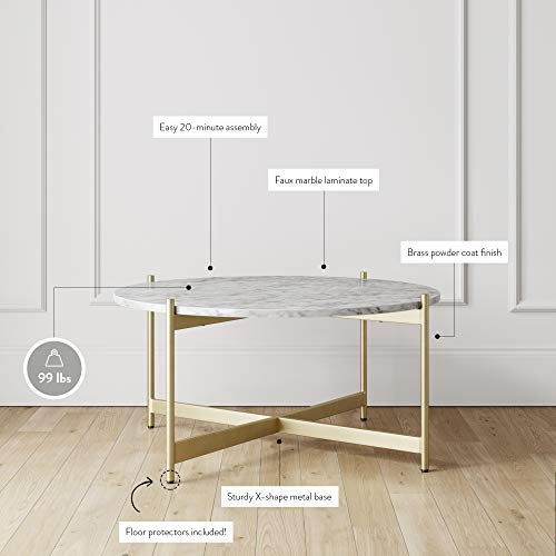 Nathan James Piper Faux White Marble Round Modern Living Accent Side Or Coffee, Sofa Center Table For Dining Room/Tea With Metal Frame, Gold Brass #TOP3