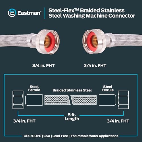 image for Eastman 5 foot Washing Machine Hose, 3/4 Inch FHT x 3/4 Inch FHT, Brai
