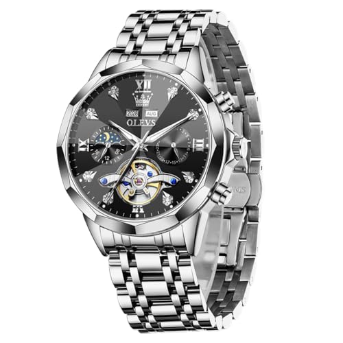 Image of OLEVS Automatic Men Watch Self Winding Mechanical Moon Phase Business Luxury Diamond Dress Stainless Steel Waterproof Luminous Mens Wrist Watch