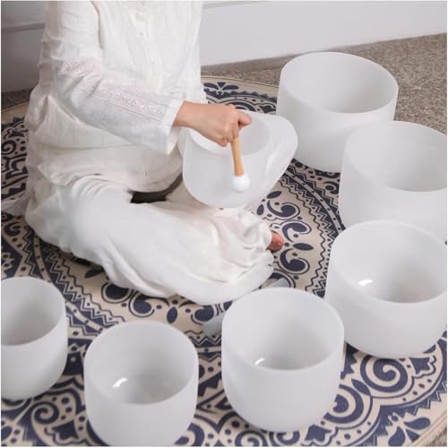 Lot de 7 bols chantants en cristal de quartz givré avec boîte gratuite - 20,3 à 35,6 cm - Fréquence de 432 Hz