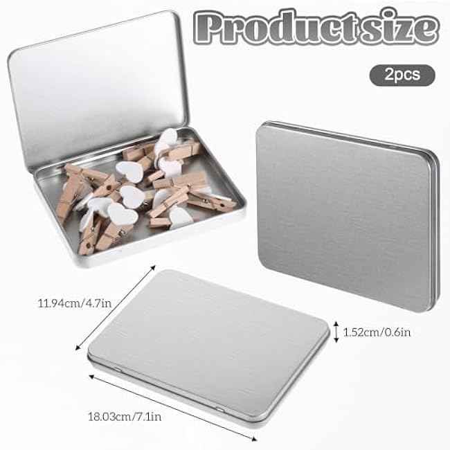 2 Pcs Rectangular Metal Tin Box with Lid 7.1 x 4.7 x 0.6 Portable Storage Box Containers Mini Silver Storage for Drawing Pin Candies Jewelry Crafts