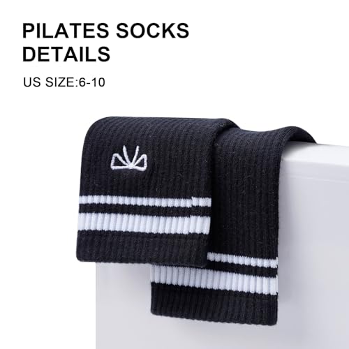 Image of Non-Slip Pilates Yoga Socks for Women Cotton Crew Striped Bow Embroidery for Barre Ballet Dance Workout