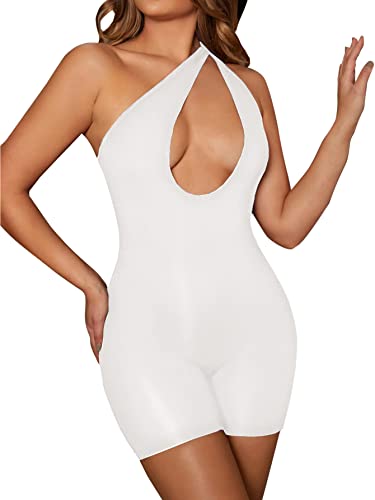 Vrtige Women's Sexy One Shoulder Cut Out Sleeveless Skinny Romper Short Jumpsuit White Small #TOP17
