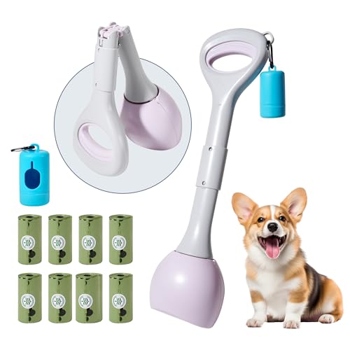 Image of Dog Pooper Scooper Portable with Bag Attachment, One Handed Foldable Design, Includes 120 Waste Bags and Dispenser, 19 Inch Handle for Grass Yard Gravel Cleanup (Purple)
