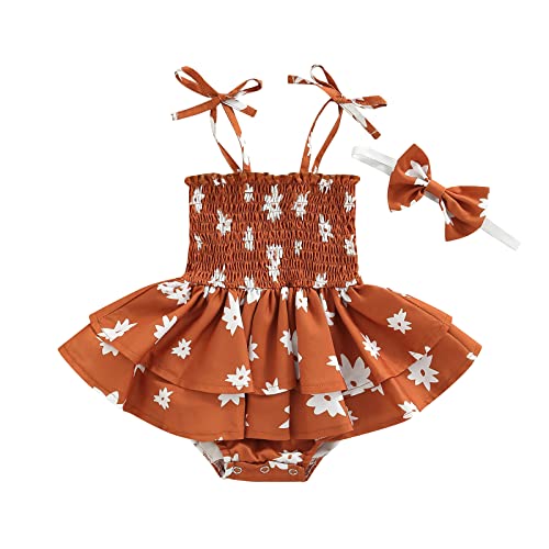 Image of Baby Girl Romper Tie-Up Spaghetti Strap Sleeveless Floral Printed One Piece Romper Dress Headband (Brown, 0-6 Months)