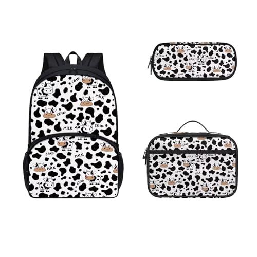 Set di 3 zaini per bambini con borsa per il pranzo e custodia per penne da universitaria Striscia di mucca-1 17 pollici