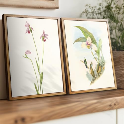 crmotu Bird Framed Wall Art, Hummingbird Daffodil Vintage Canvas Prints, Animal Botanical Nature Wall Decor, Floral Retro Rustic Kitchen Decorations Wall Pictures for Bedroom Desktop, 9x11inch
