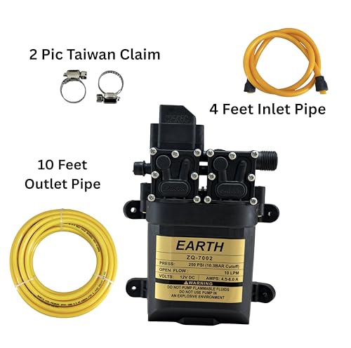 Image of Earth High Pressure Diaphragm Pump Double Motor 12V Dc Motor Kit 250 Psi 4452 Copper Agriculture Farm Fogger Misting Spray Motor Pump with 10 Feet Outlet Pipe, 4 Feet Inlet Pipe & 2 Clamp