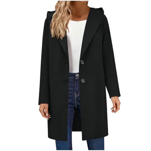 Image of Womens Peacoat Winter Warm Long Sleeve Notch Lapel Mid Long Trench Coat Wool Blend Open Front Hooded Overcoat Black pea coat women L