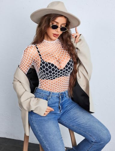 Image of Avidlove Women's Sexy Fishnet Mesh Long Sleeve Tops Mock Neck Sheer Lace See-Through Blouse Bodycon Clubwear Party Tops