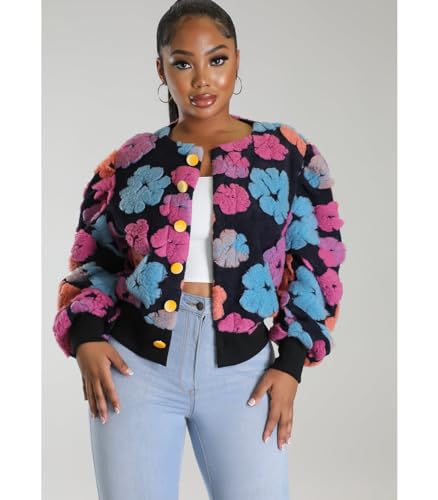 Angsuttc Women's Cropped Floral Bomber Jacket Puff Sleeves Lightweight Fleece Shacket Button Down Varsity Coat Outwear4