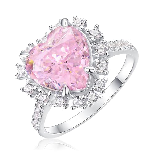 925 Sterling Silver Pink Heart Diamond Engagement Ring - Premium 18K White Gold Plated - Elegant Pink Ring for Women's Anniversary, Wedding - Main Image