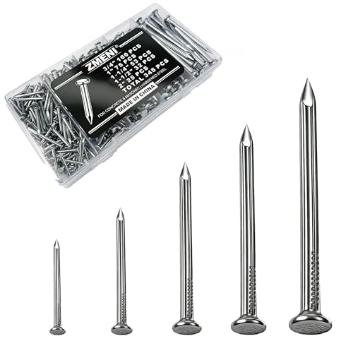 Zmeni Picture Hanging Nails for Concrete Wall - 345 Pcs Masonry Nails Kit, 5 Sizes (3/4"-2"), Hardened Galvanized Steel for Brick & Drywall with Box