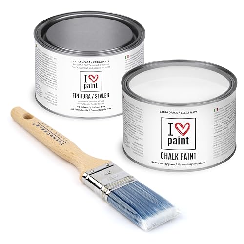 I Love Chalk Paint – Kit Completo Vernice, Finitura e Pennello - Pittura Senza Carteggiare – Colore Bianco Gesso (375ml Chalk Paint + 375ml Finitura + Pennello 40mm)