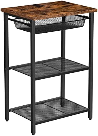 HOOBRO Tall Side Table, Industrial End Table with Adjustable Metal Mesh Basket, Telephone Table with Storage Shelf for in Bedroom, Living Room, Hallway, Easy Assembly, Rustic Brown BF02DH01